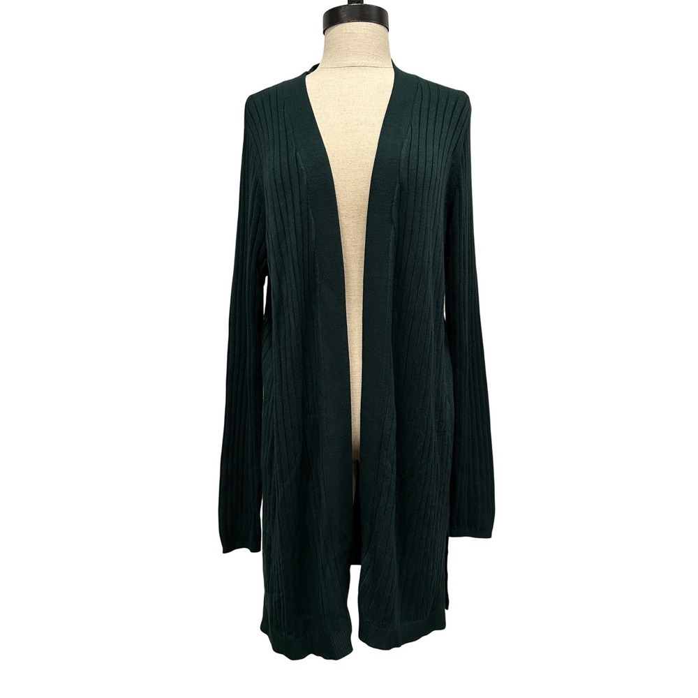 LOFT Womens Forest Green Ribbed Open Front Longline Cardigan D306 Size M NWT